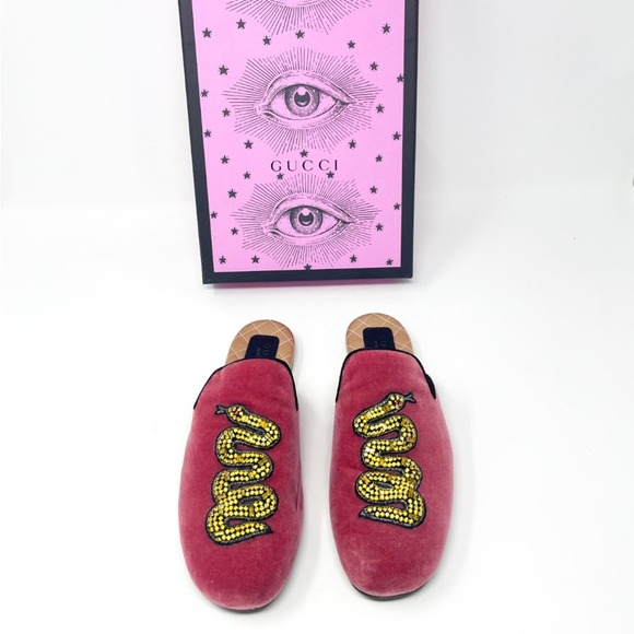 GUCCI Lawrence Velvet Crystal Snake Embroidered Princetown Slippers EU 36.5 - Picture 1 of 9